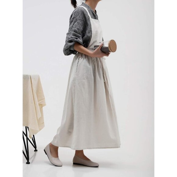 Pleated Cotton Long Apron X Back Kitchen Garden Florist Work Clothes Bib Dress - Picture 2 of 8